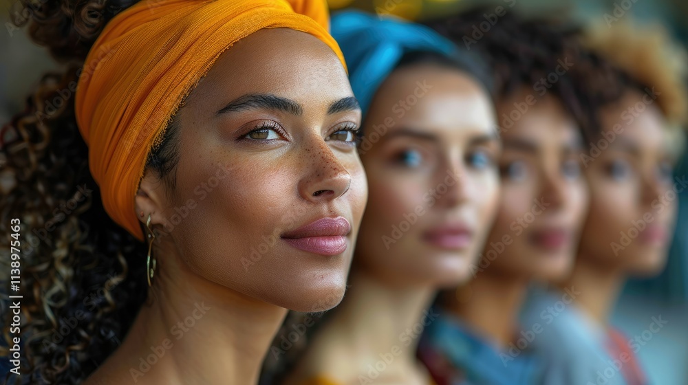 Close-up of four diverse women with headwraps, looking forward with hope and determination. Close-up of four diverse women with headwraps, looking forward with hope and determination.