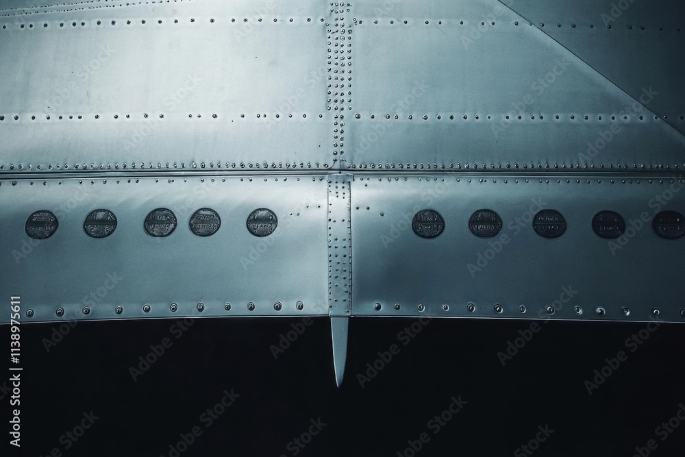 Fototapeta premium Close-up of metallic aircraft wing structure showcasing rivets and design.