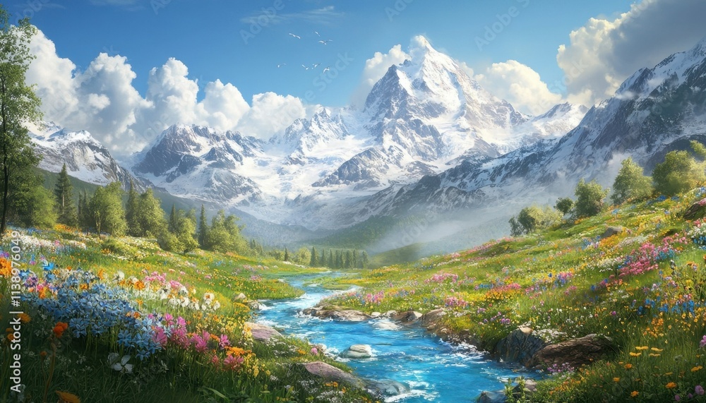A serene mountain landscape with flowers and a flowing river. A serene mountain landscape with flowers and a flowing river.