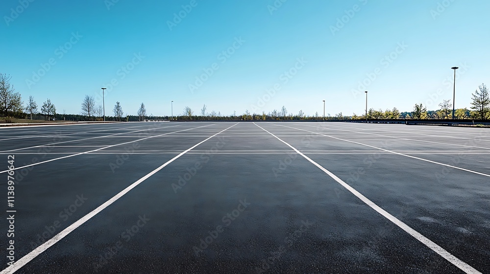 Fototapeta premium Empty parking lot under a clear sky. Concept of spaciousness, urban planning, and parking.