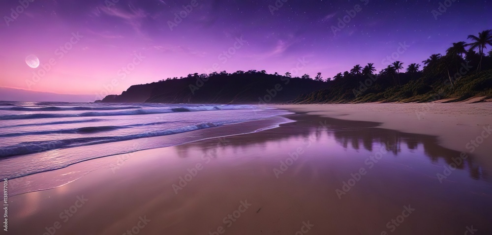 Obraz premium Moonlit beach with a gentle purple light shining on the waves and sand , moonlight, sand, waves