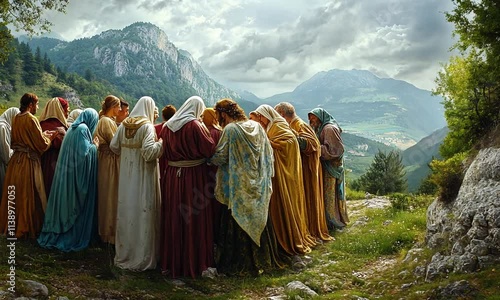 A multitude of people in flowing robes gather on a mountainside overlooking a valley.