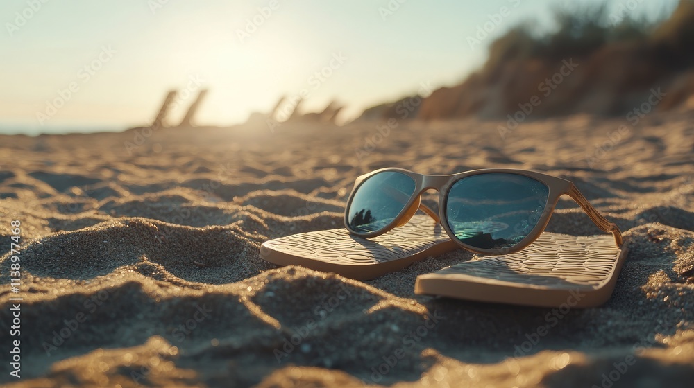 Sunglasses and flip-flops on sandy beach at sunset. Sunglasses and flip-flops on sandy beach at sunset.