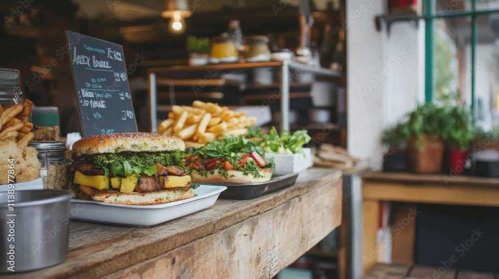 Fresh Gourmet Burger with Fries and Salad on Table Fresh Gourmet Burger with Fries and Salad on Table