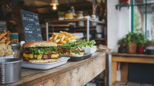 Fresh Gourmet Burger with Fries and Salad on Table