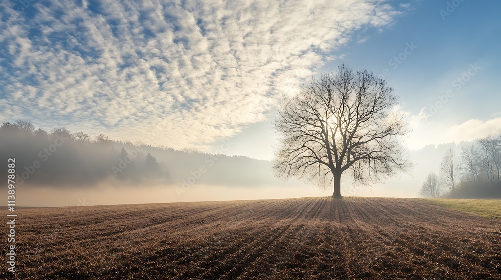 Fototapeta premium Lonely tree in a misty field. Concept of solitude, nature, and tranquility.