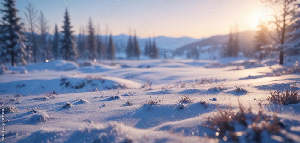 Frosty morning landscape with blurred snow and bokeh effect, snowy scene, cold weather Frosty morning landscape with blurred snow and bokeh effect, snowy scene, cold weather