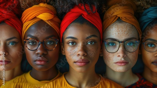 Close-up portrait of five diverse women wearing head wraps, looking directly at the camera.
