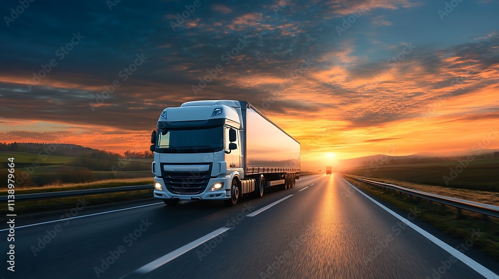 Semi truck on highway at sunset. Concept of transportation, logistics, and delivery. Semi truck on highway at sunset. Concept of transportation, logistics, and delivery.