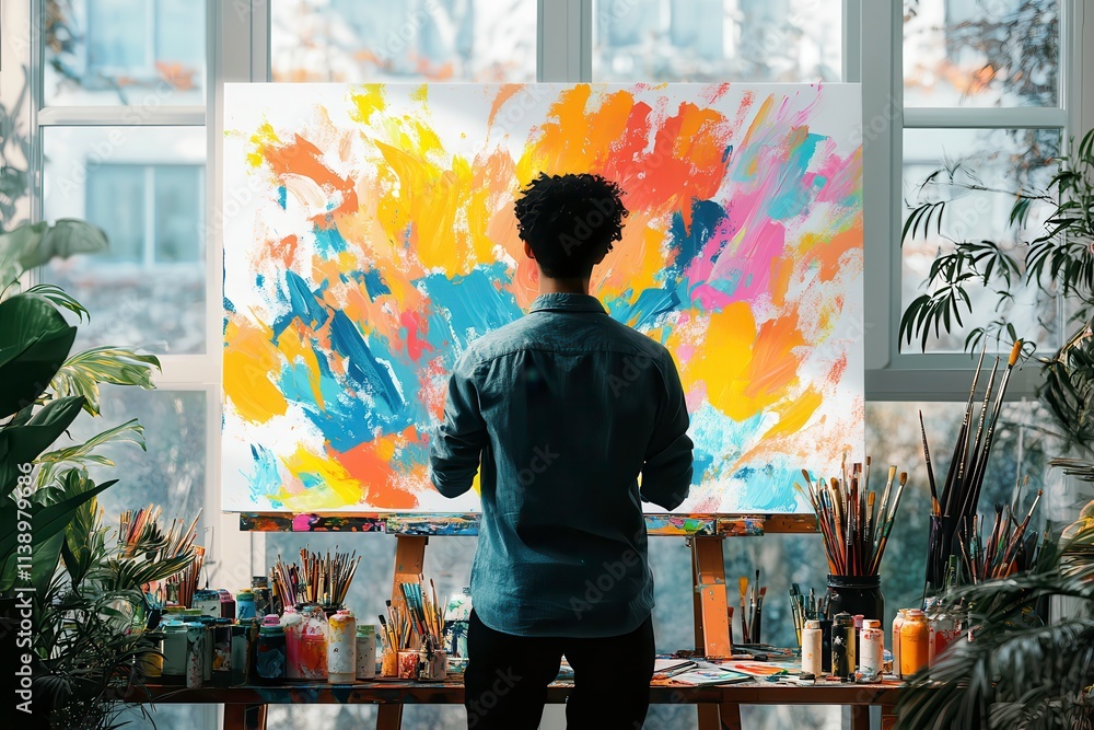 Obraz premium Artist Creates Vibrant Abstract Artwork in Bright Studio Filled With Brushes and Paint. Generative AI