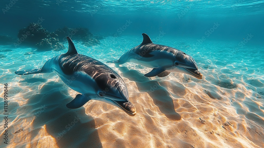 Fototapeta premium Two Dolphins Swimming Over Sandy Ocean Floor