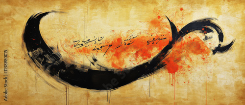 Abstract Calligraphy Painting: Black Ink, Orange Splashes, Arabic Script