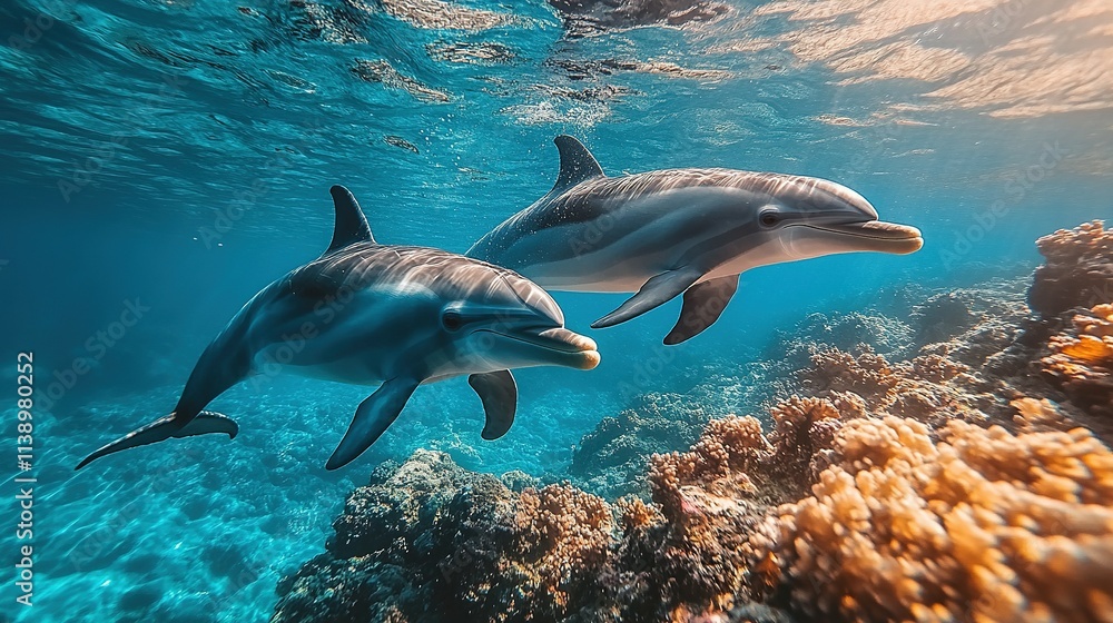 Obraz premium Two Dolphins Swimming Through Vibrant Coral Reef