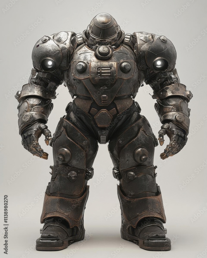 A large, armored robot figure with intricate mechanical details. A large, armored robot figure with intricate mechanical details.