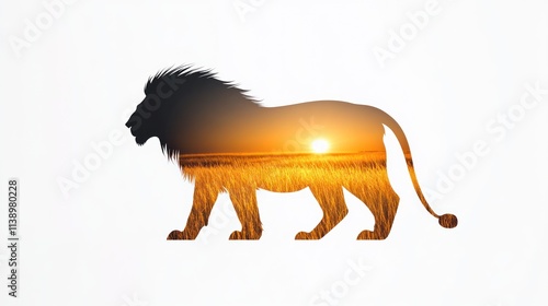 A lion silhouette filled with a sunset landscape. photo