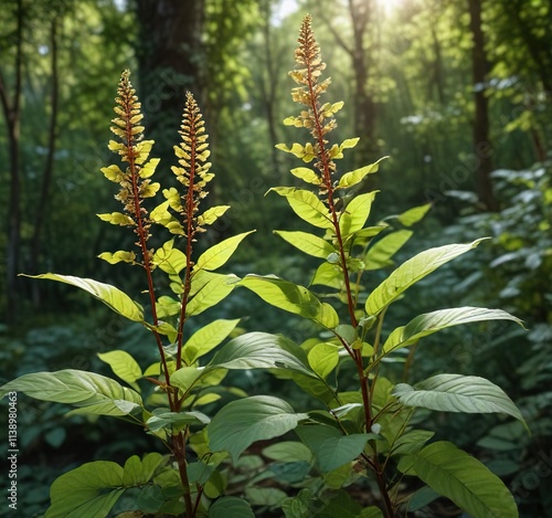 Dense foliage of Polygonacee Reynoutria bohemica knotweed in a forest environment, green leaves, knotweed photo