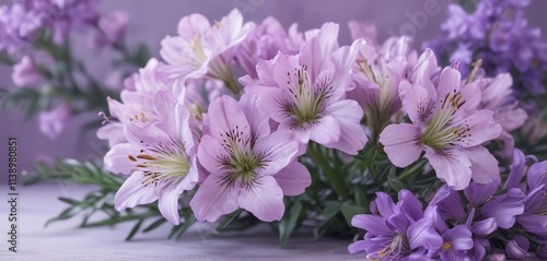 Delicate alstroemeria flowers in soft violet lavender hue against a floral background, gentle hues, delicate blooms