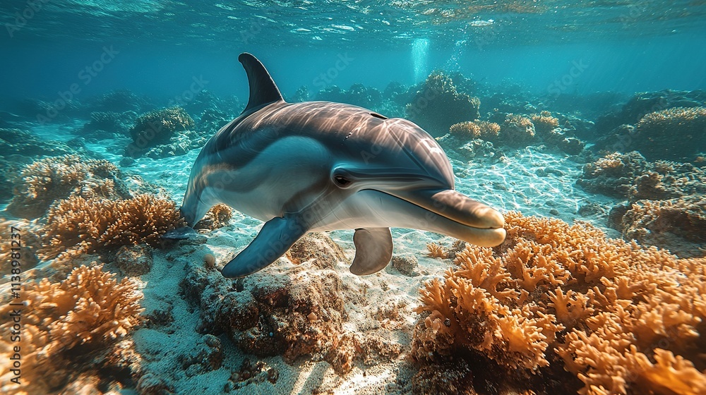 Fototapeta premium Dolphin swimming amidst vibrant coral reef