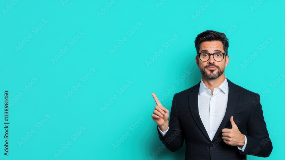 Man in a suit gesturing towards a blank turquoise background. Man in a suit gesturing towards a blank turquoise background.
