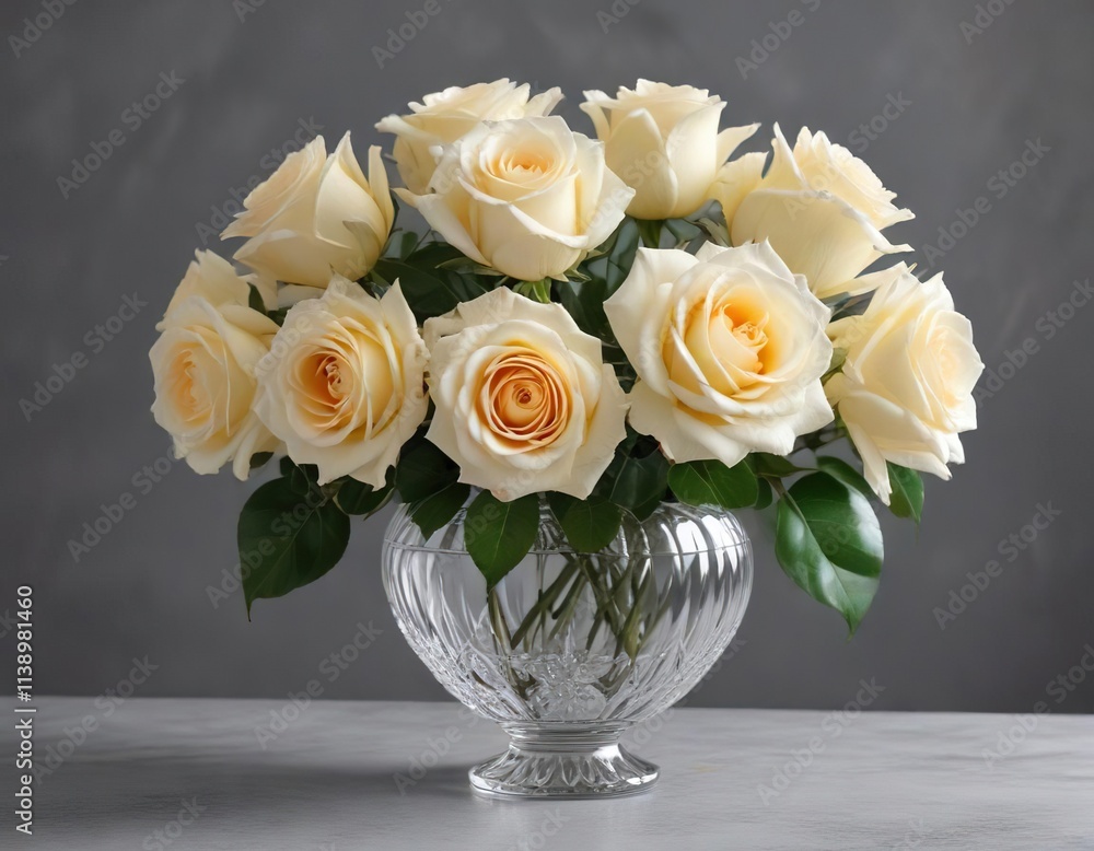 Cream-colored roses arranged in a classic crystal vase against a subtle grey background, vintage, white, traditional Cream-colored roses arranged in a classic crystal vase against a subtle grey background, vintage, white, traditional