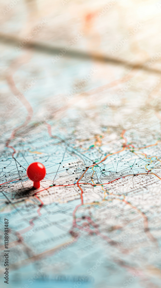 Red pin on map, symbolizing location and travel plans Red pin on map, symbolizing location and travel plans