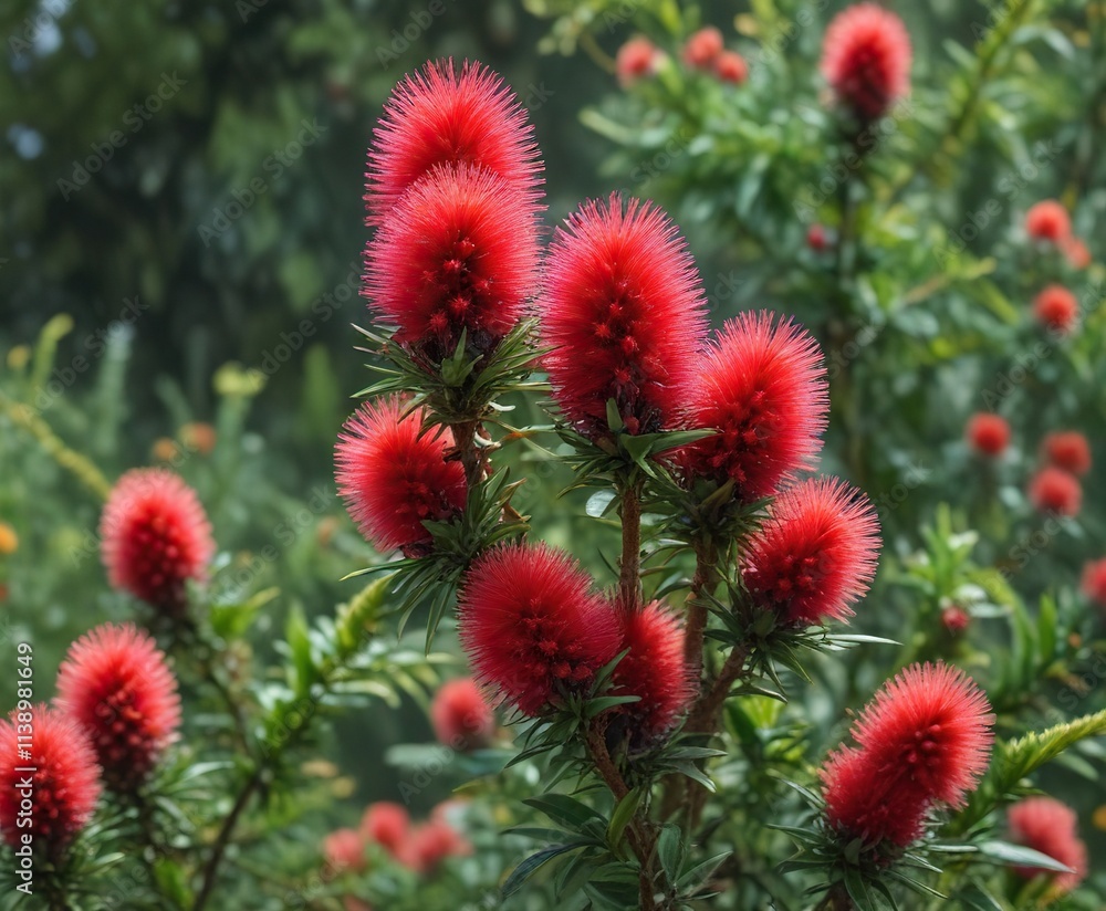 Colorful flower bud clusters on a mature Bottle Brush shrub, spring flowers, foliage, botanicals Colorful flower bud clusters on a mature Bottle Brush shrub, spring flowers, foliage, botanicals