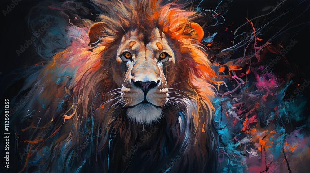 Lion neon oil paintings thick brushstrokes Lion neon oil paintings thick brushstrokes