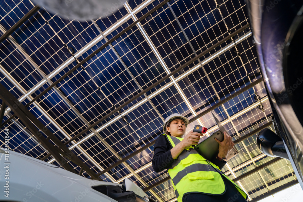 Fototapeta premium Engineer inspecting solar panels in a solar-powered carport surrounded by parked cars. Renewable energy, clean technology, sustainable infrastructure, and solar panel performance monitoring.
