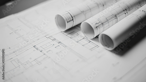 Blueprints and rolled plans on table, showcasing design details