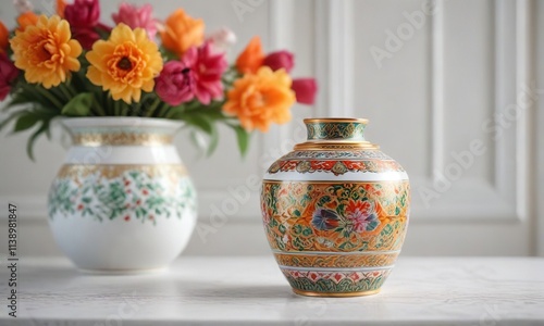 Classic Thai Benjarong porcelain vase on white ceramic table , porcelain, vintage, decorative photo