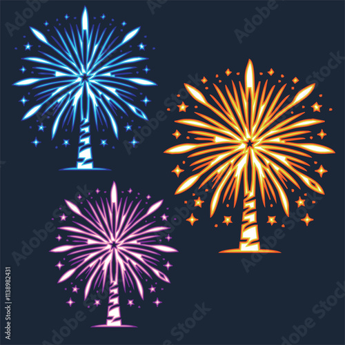 Fireworks set. Vector firework sign isolated with stars and sparks. Firework exlposions in the sky.