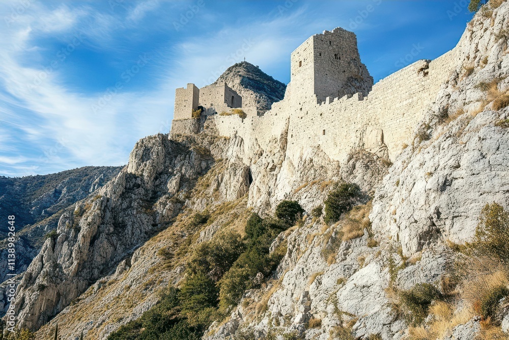 A historic stone castle perched on a rocky hillside under a blue sky. A historic stone castle perched on a rocky hillside under a blue sky.