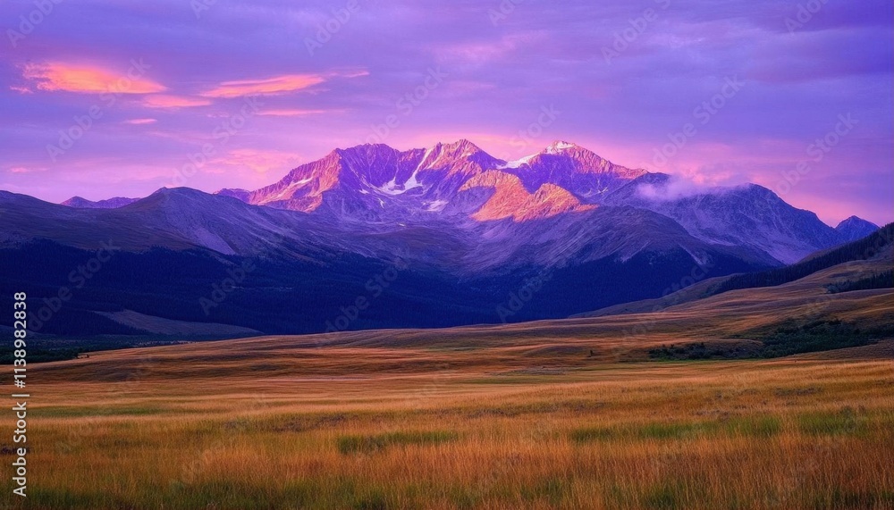 Serene mountain landscape at dusk with vibrant colors and grassy plains. Serene mountain landscape at dusk with vibrant colors and grassy plains.