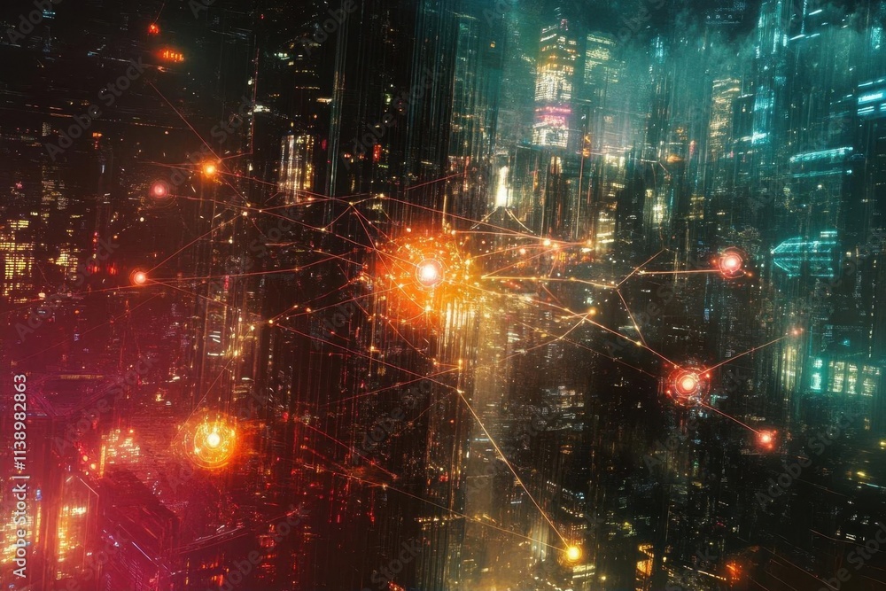 A futuristic cityscape with glowing networks and vibrant lights. A futuristic cityscape with glowing networks and vibrant lights.