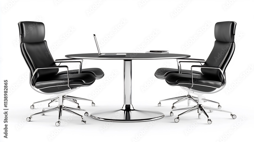Modern Office Meeting Room Setup: Sleek Black Leather Chairs and Round Table Modern Office Meeting Room Setup: Sleek Black Leather Chairs and Round Table