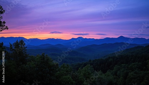 Serene mountain landscape at twilight with vibrant colors.