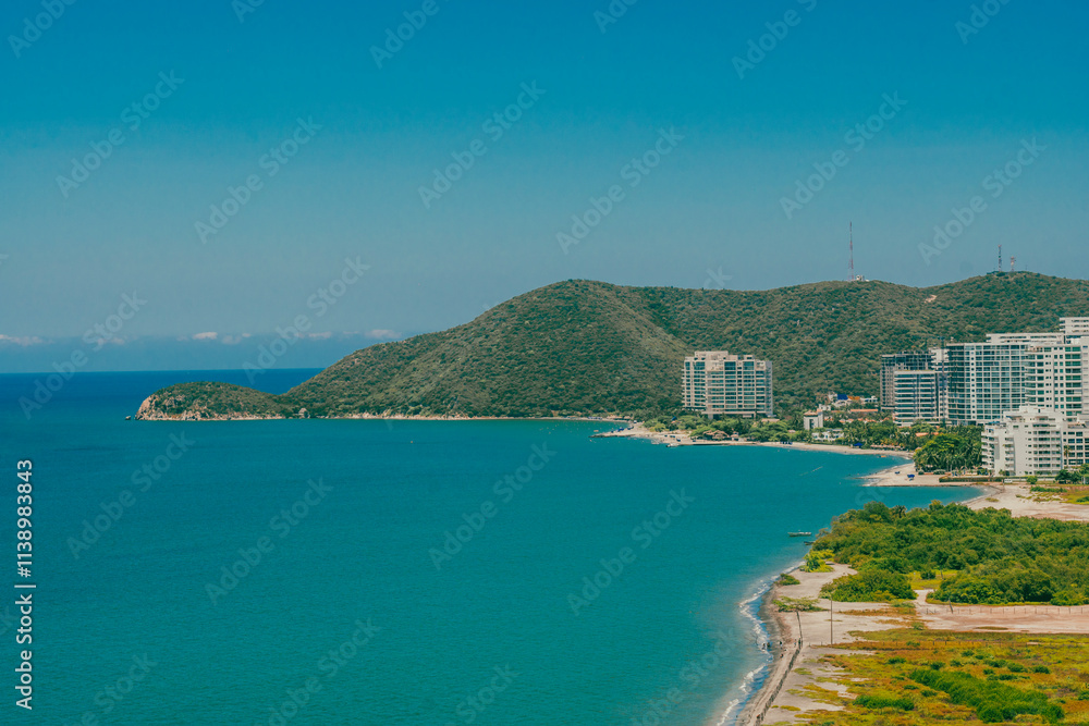 Panoramic landscape of Cabo Tortuga beach and blue sky. Santa Marta, Magdalena, Colombia. Panoramic landscape of Cabo Tortuga beach and blue sky. Santa Marta, Magdalena, Colombia.