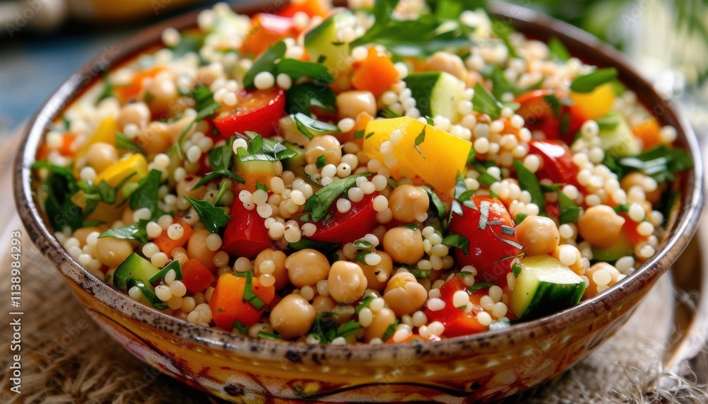 A vibrant salad featuring couscous, chickpeas, and fresh vegetables. A vibrant salad featuring couscous, chickpeas, and fresh vegetables.