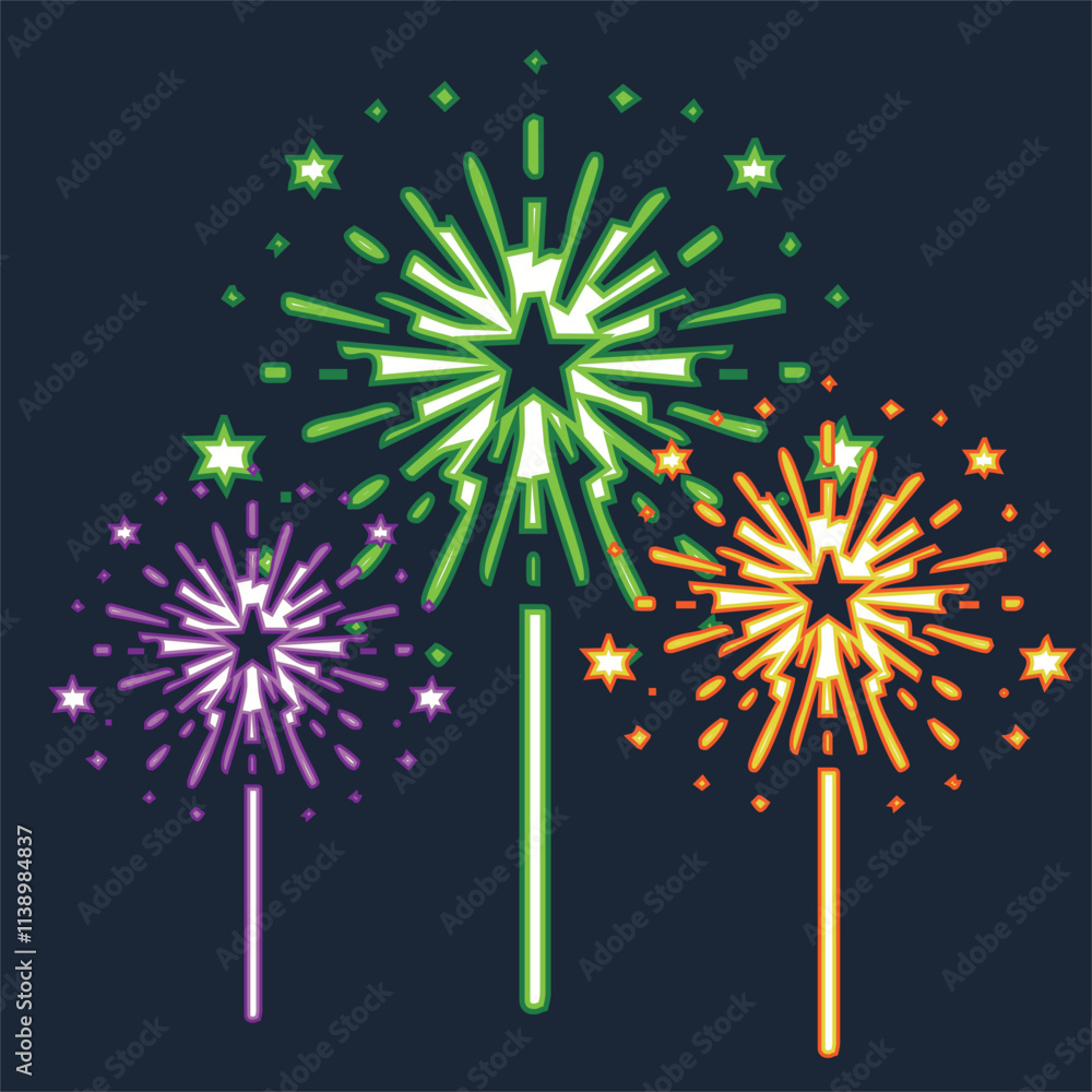 Fototapeta premium Fireworks set. Vector firework sign isolated with stars and sparks. Firework exlposions in the sky.