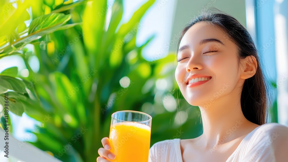 Asian woman enjoying fresh orange juice in tropical garden, smiling and relaxed Asian woman enjoying fresh orange juice in tropical garden, smiling and relaxed