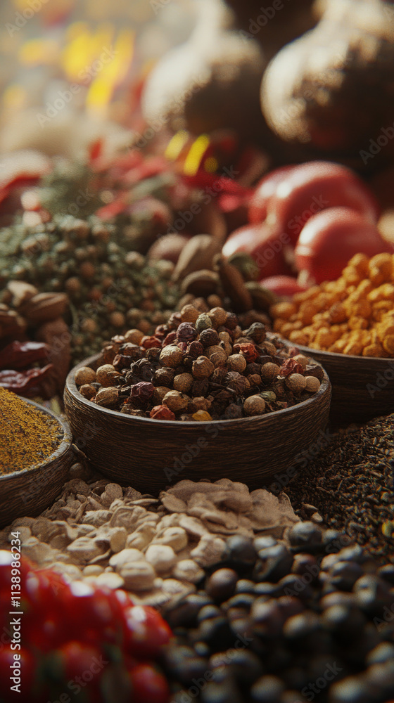 Fototapeta premium Vibrant Spice Blend: Macro Photography of Diverse Herbs and Spices