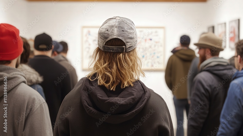 Fototapeta premium Group of Individuals Engaged in Art Exhibition Viewed from Behind, Diverse Clothing Styles in Contemporary Gallery Setting, Capturing a Moment of Cultural Appreciation