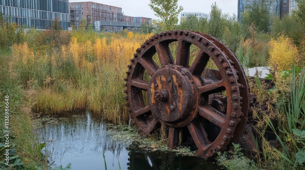 A rusted gear partially submerged in a natural landscape. A rusted gear partially submerged in a natural landscape.