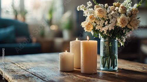 warm and cozy rustic wooden tabletop with three burning candles and a vase of flowers in a home setting