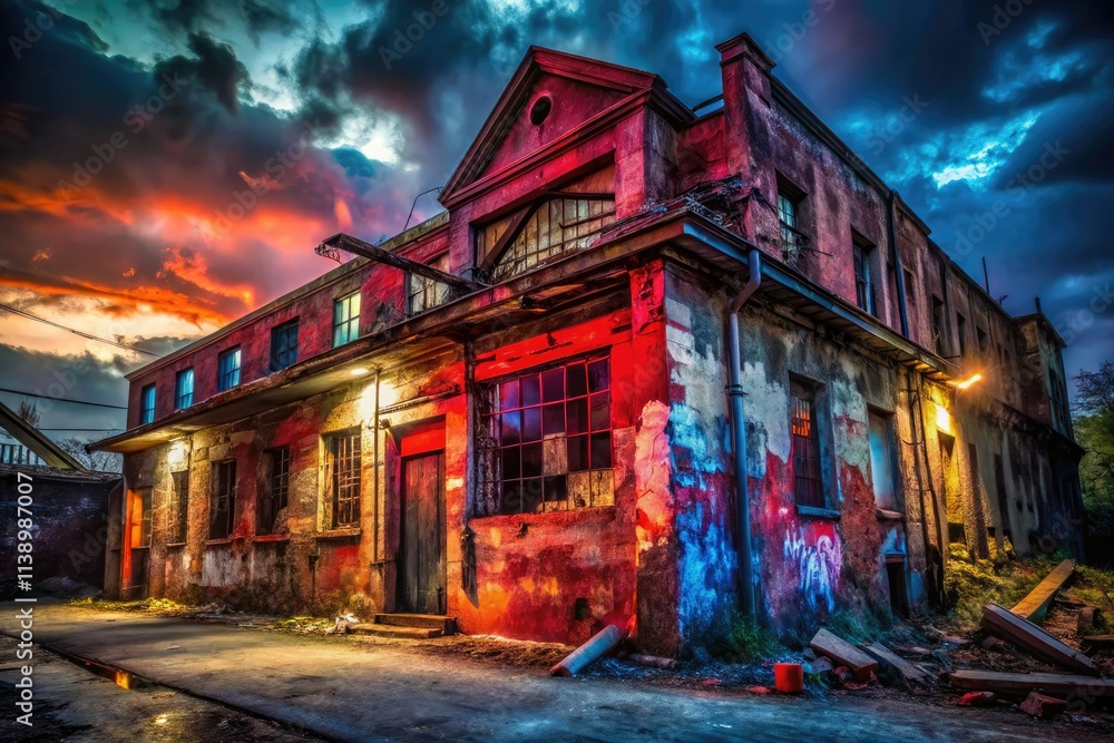 Naklejka premium Abandoned building, decaying beauty: urban exploration photography captures dark, graffiti-strewn vigilance.