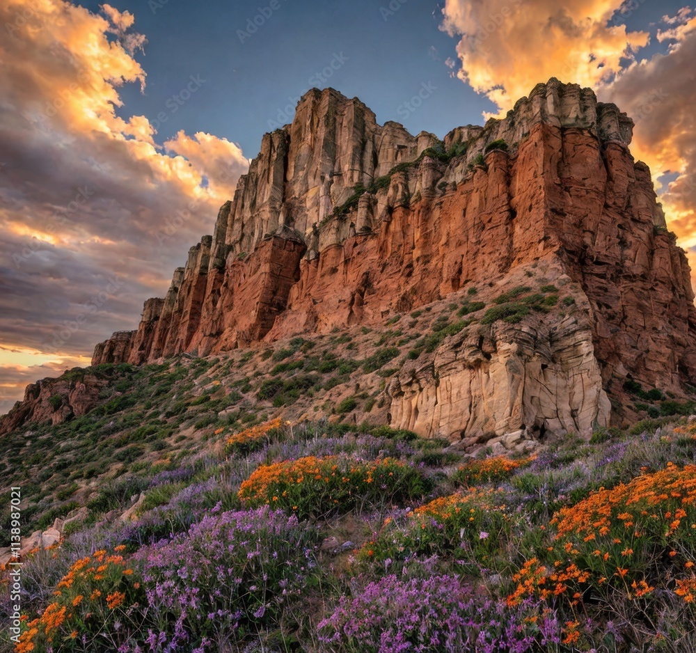 Naklejka premium A stunning rocky landscape with vibrant wildflowers under a dramatic sky.