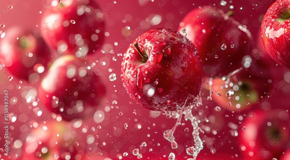Fresh red apples splashing in water against a vibrant background. Fresh red apples splashing in water against a vibrant background.
