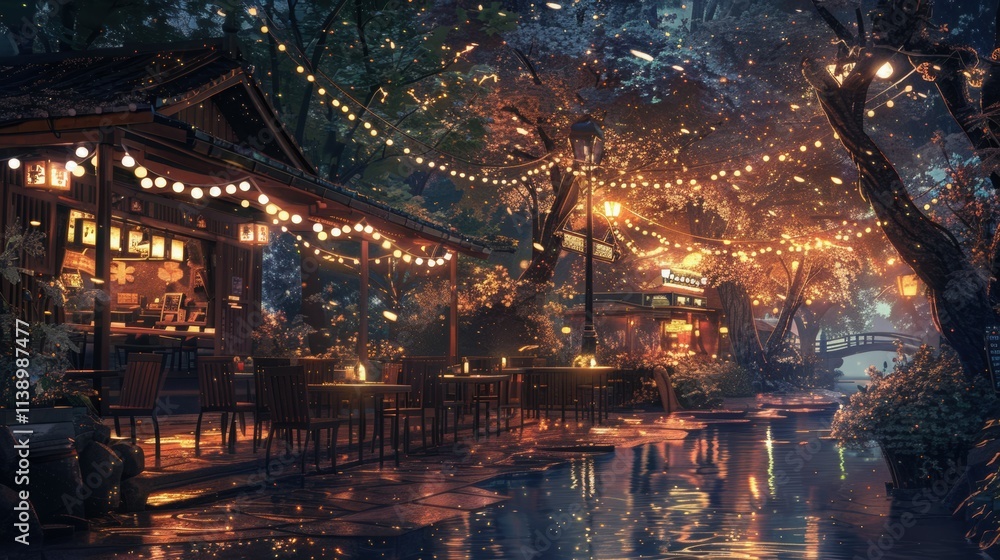 A serene evening scene with illuminated pathways and cozy dining spots. A serene evening scene with illuminated pathways and cozy dining spots.