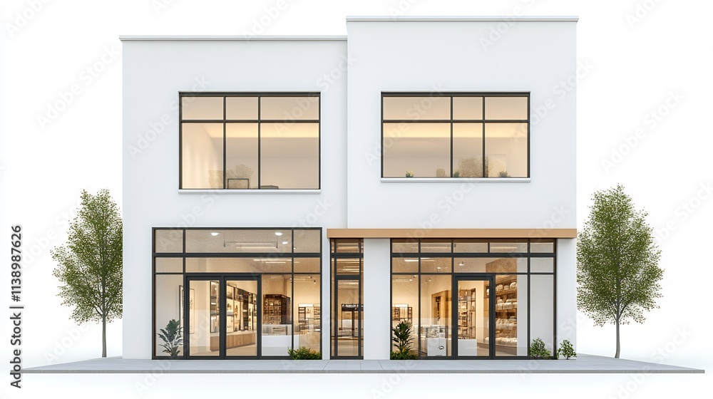 Modern Two-Story Retail Building Design with Large Windows and Minimalist Aesthetic Modern Two-Story Retail Building Design with Large Windows and Minimalist Aesthetic