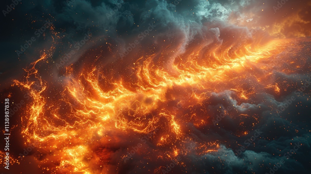 Fiery, swirling abstract art depicting a fiery stream in dark clouds. Fiery, swirling abstract art depicting a fiery stream in dark clouds.